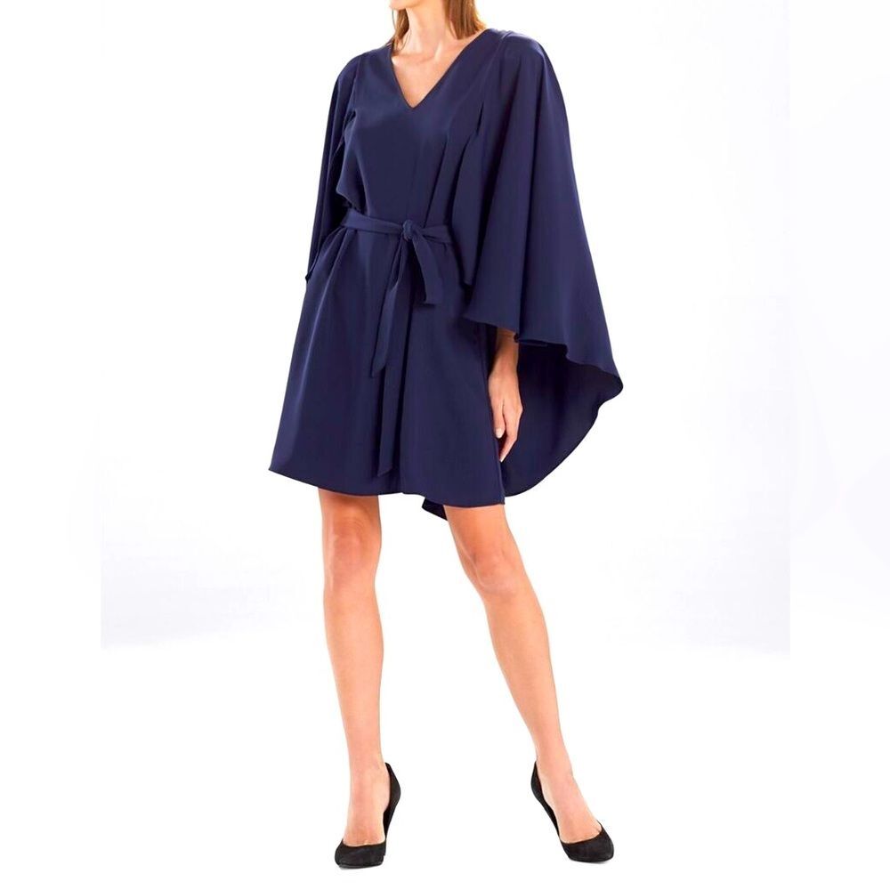Natori Elegant Navy Blue Crepe Cape Dress Size Large Modest Classic Style